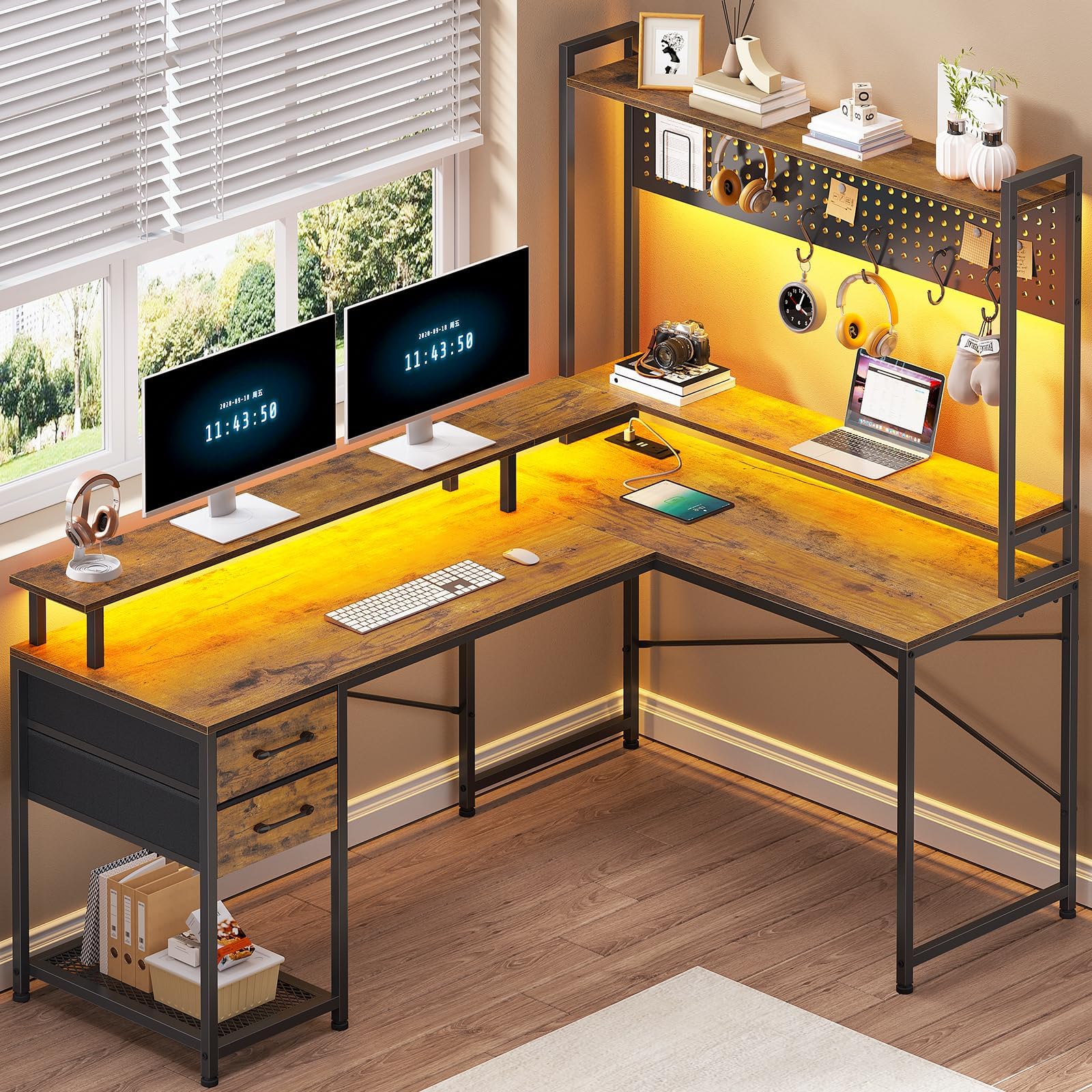 SEDETAL Shaped Desk with Hutch, Computer Desk with Drawers, L Shaped Gaming Desk with LED Lights, Power Outlet, 2 Fabric Drawers and Storage Shelves for Home Office, Brown