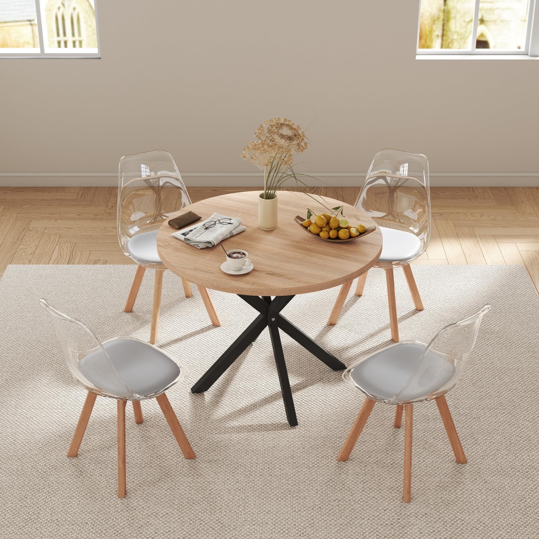 GrandCA HOME Tavolo da Pranzo con 4 Sedie, Tavolo da Pranzo Rotondo da 100 CM, Sedia da Cucina Imbottita Trasparente, Set Tavolo da Pranzo e Sedie (Chiaro + Grigio)