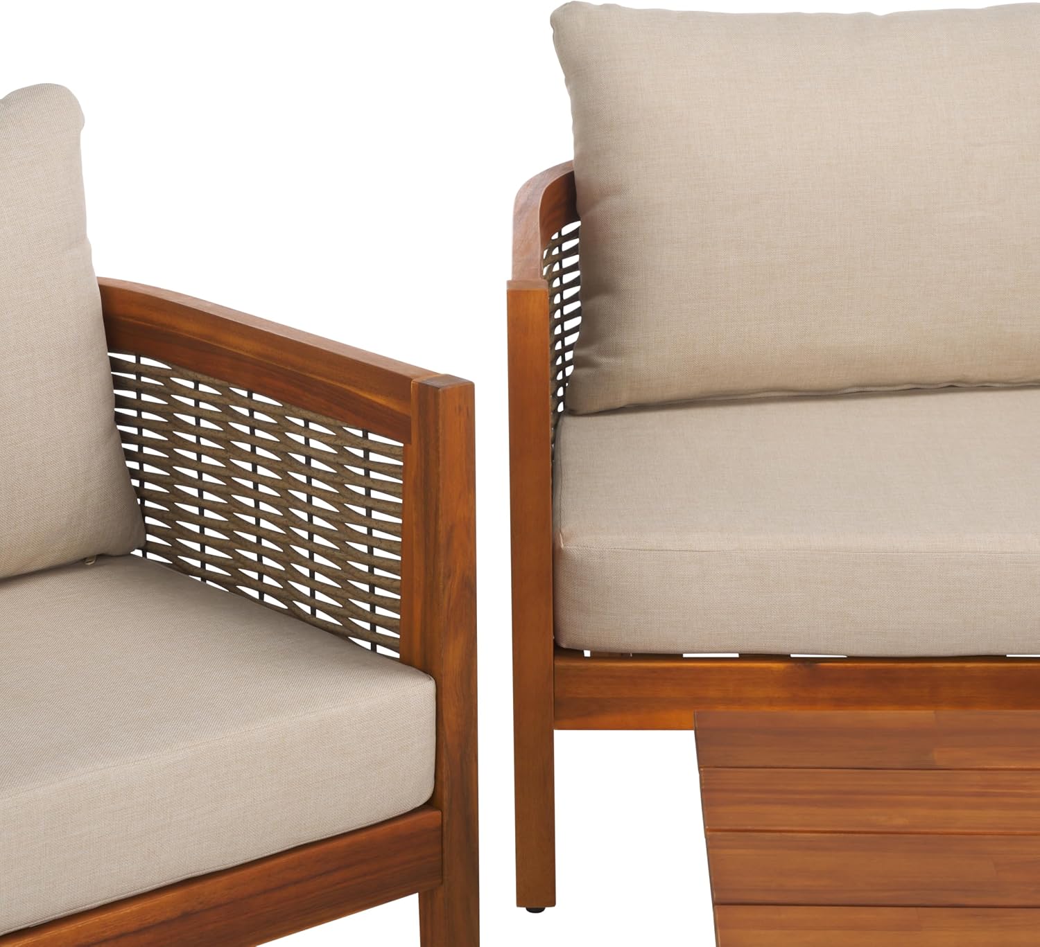 SAFAVIEH Outdoor Patio Furniture - Amanda 4-Piece Set - Sand & Taupe - Acacia Wood - Coastal, Conversation Set with Detachable Cushion Covers - Ideal for Patio, Deck, Porch, Backyard (PAT9512A-KIT2)
