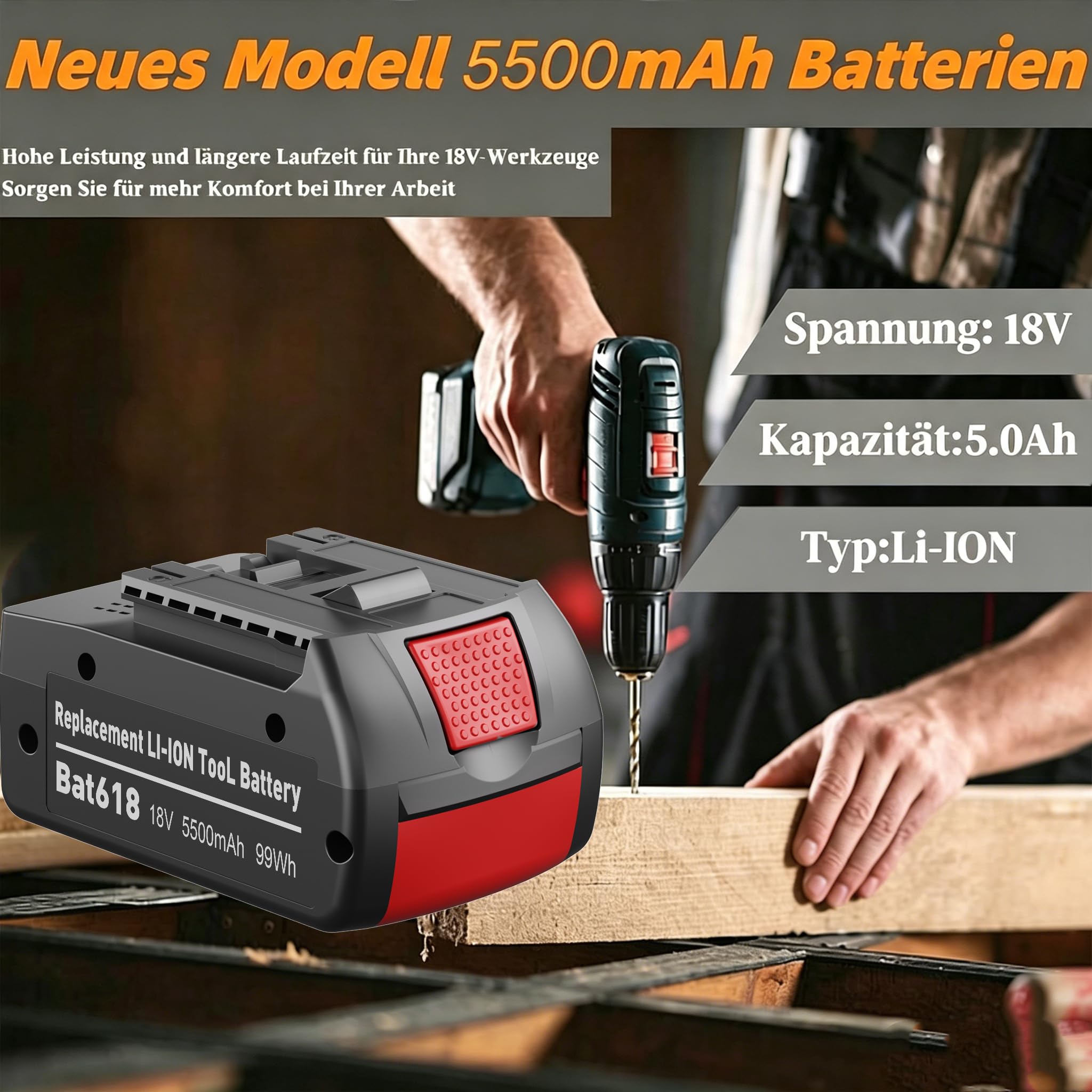 Lot de 2 batteries de rechange 18 V 5,5 Ah pour Bosch BAT609G BAT618G