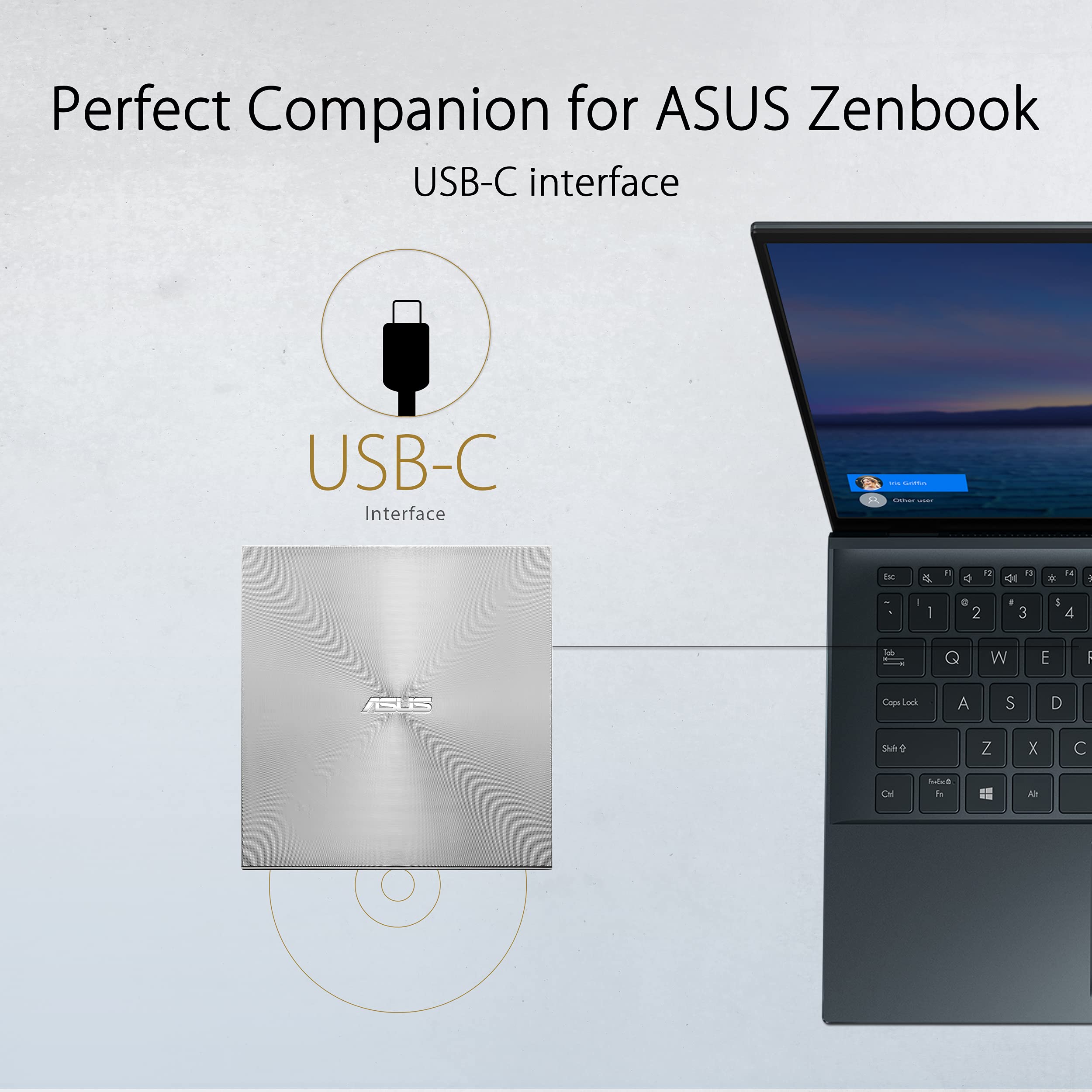 ASUS Masterizzatore Esterno ZenDrive U8M (SDRW-08U8M-U/SIL), Lettore Ultra Slim 8x, CD/DVD, Supporto M-Disc, USB, compatibile Con Windows e Mac OS, Argento