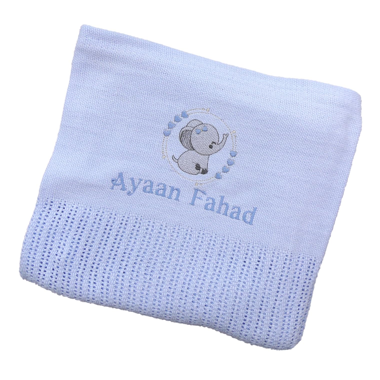 The Pyjama Party Blue Elephant Personalised Baby Cellular Blanket With Embroidered Animal Motif 110Cm X 70Cm 100% Cotton Ideal Baby Gift