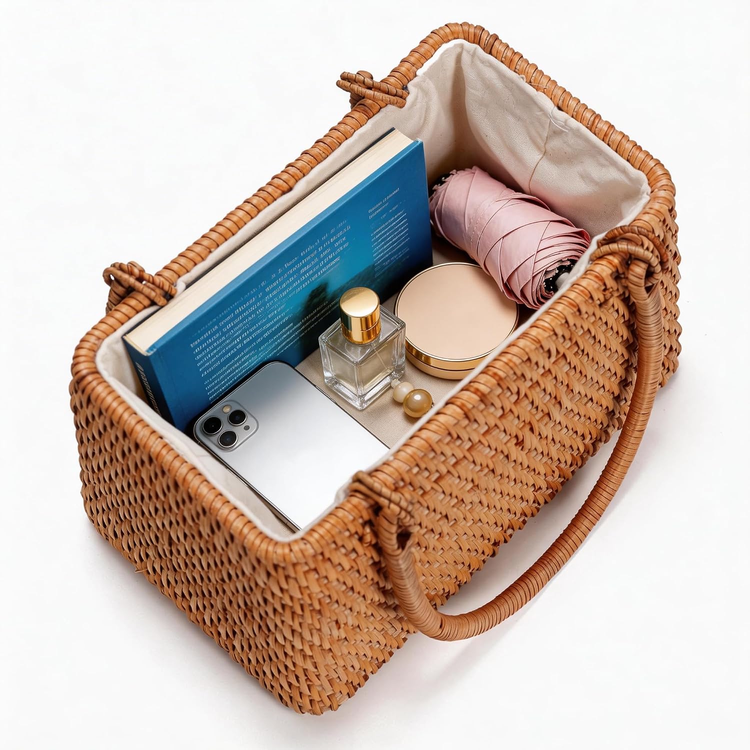 XIMISISE Small Rattan Handbag for Women, Wicker Basket Purse, Handwoven Summer Beach Bag for Travel, Vacation, Wedding