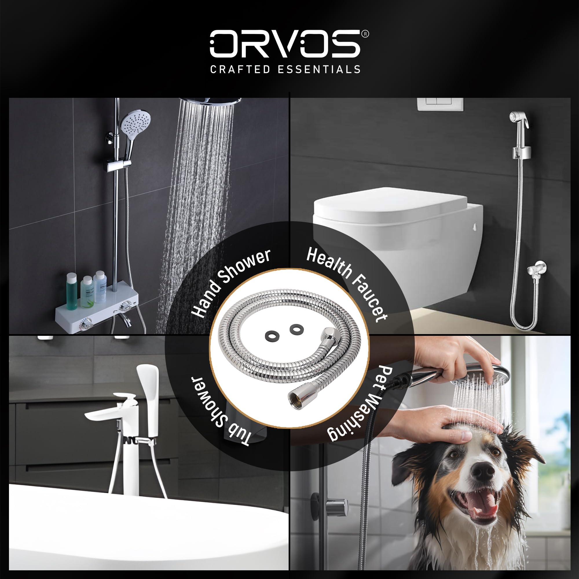 Orvos Shower hose extendable, Premium 304 Stainless Steel outer hose, with EPDM inner tube, 1.5 to 1.8 meter, for hand showers and health faucets in high end luxury bathrooms 2
