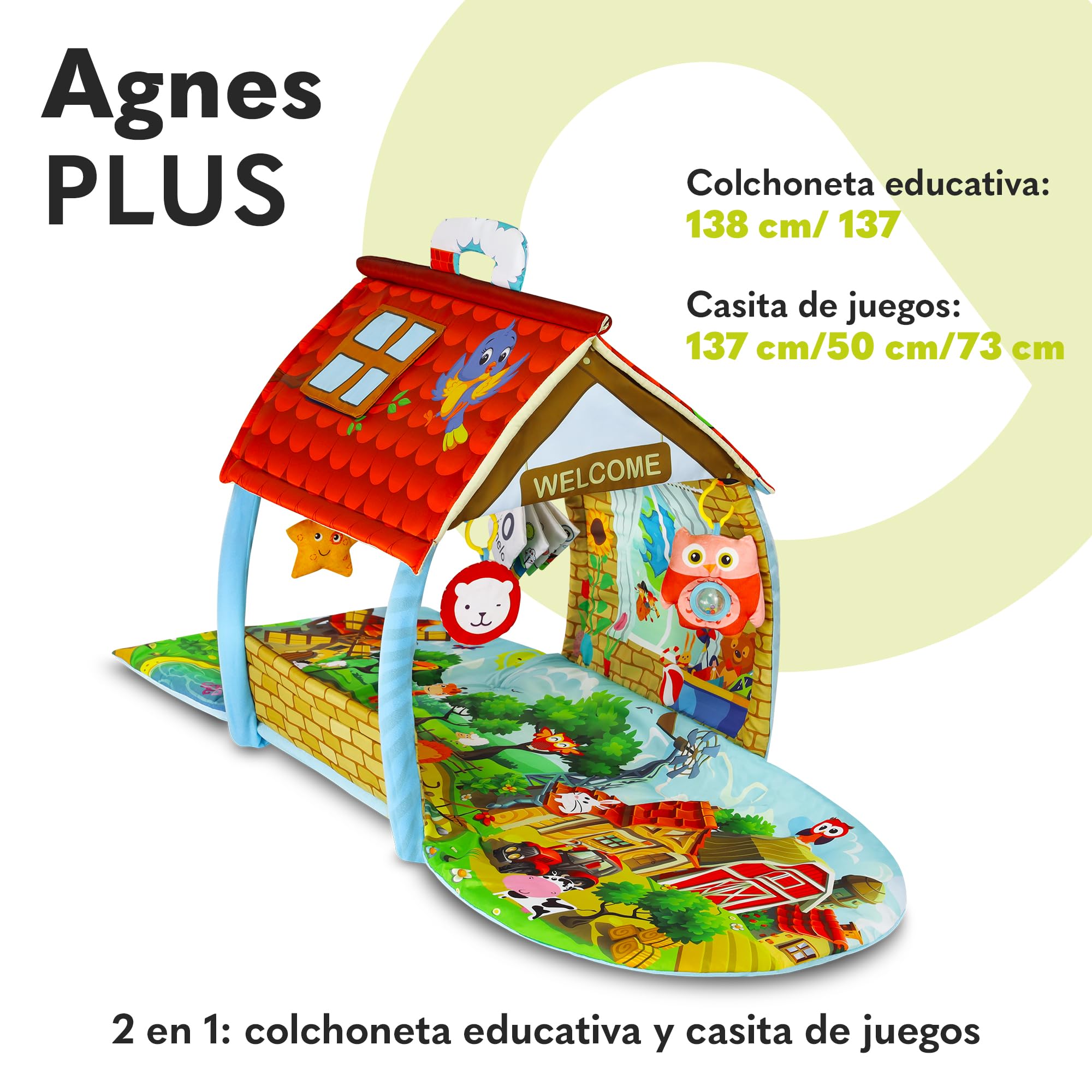 lionelo Agnes 2en1 Manta de Gateo para el bebé, Alfombra de Juego para el bebé, 2 Arcos de Juego, casa de Juego, Libro de Tela, Juguetes de Colores, Cadena de sonajeros, Fondo Reforzado
