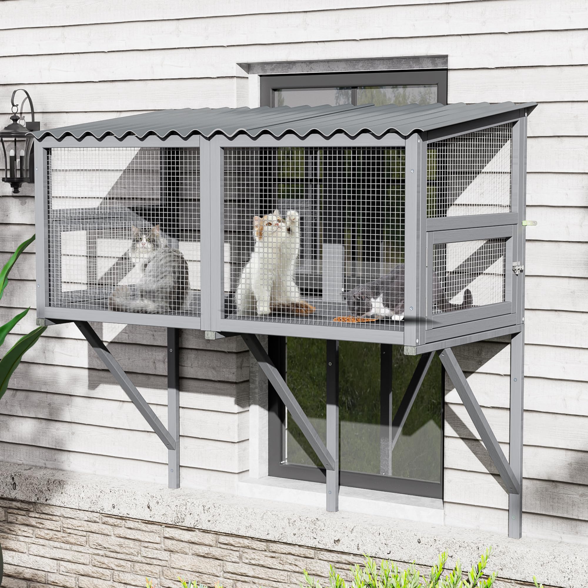 MAIBH Catio Cat Window Perch Outdoor, 360° Catio Cats Enclosure Window for Cat with Waterproof Roof, Cats Window Box with Metal Mesh Door for