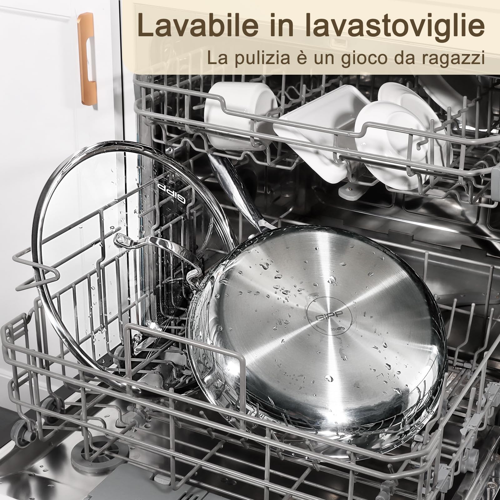 GiPP Padella in Acciaio Inossidabile Triplo Strato 30cm con Coperchio | Rivestimento Antiaderente a Nido d'Ape, Compatibile con Induzione, Gas, Elettrico, Sicura per Forno, Per Rosolare Friggere