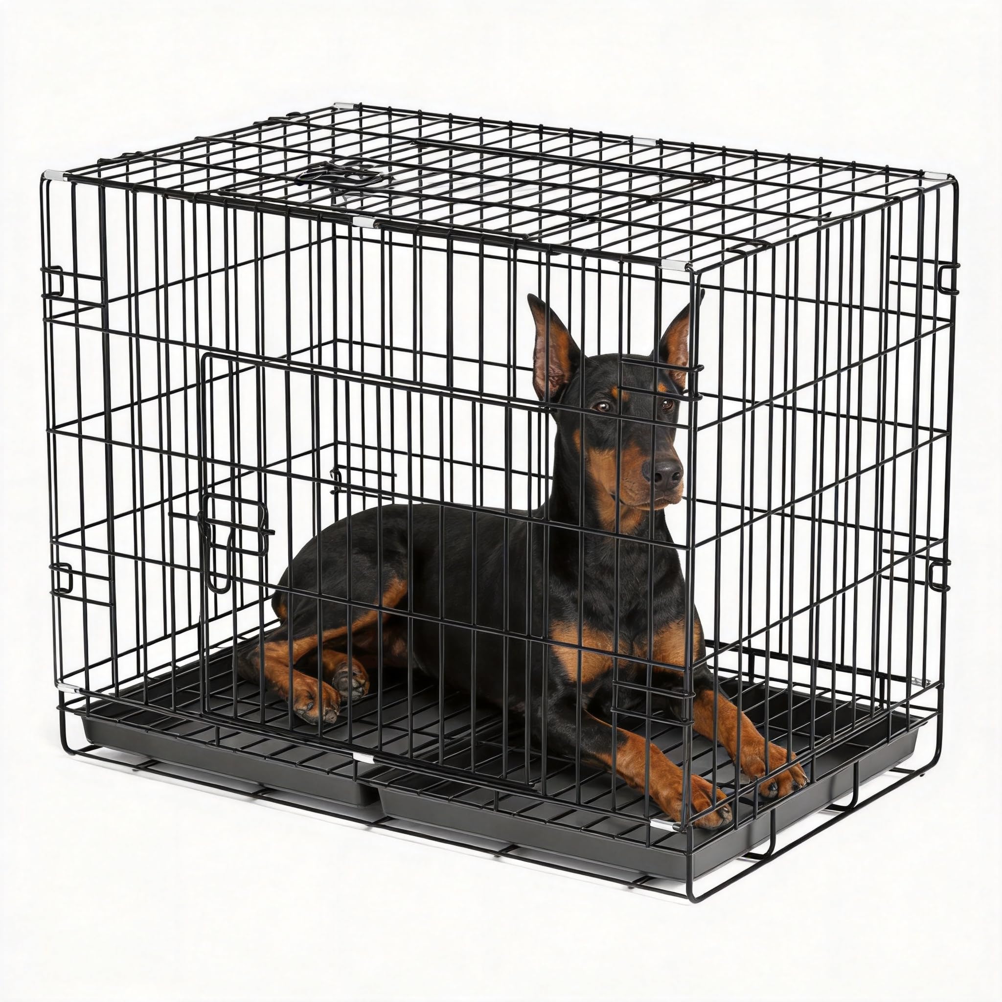 wyewye Double Door Metal Extra Large Dog Crate 100x60x70cm Heavy Duty Folding Pet Cage for Large Dogs Easy Clean Removable Tray Tool-Free Assembly