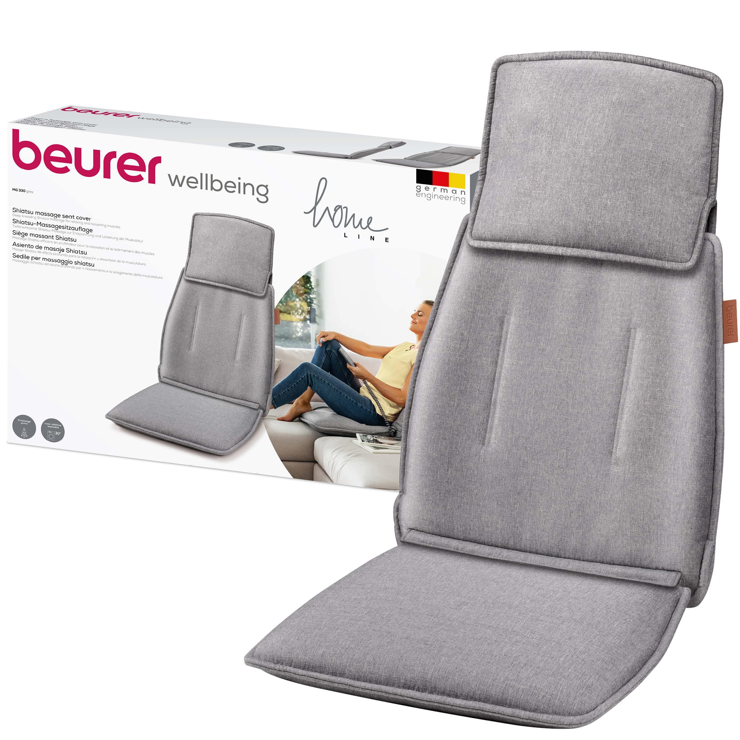 Beurer MG 330 Housse de siège de massage Shiatsu, 3 zones et 2 intensités, massager pour la nuque, le haut et le bas du dos, massage simulant la pression des mains au niveau de la nuque