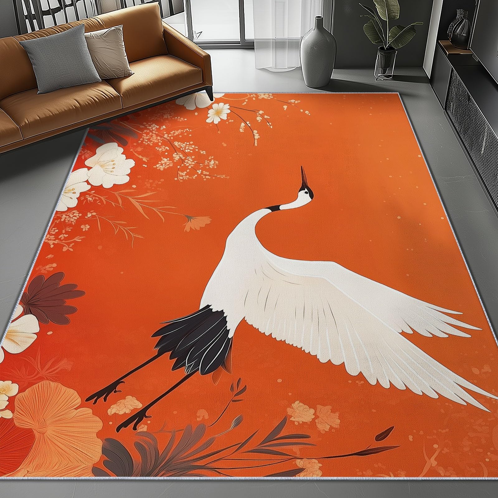 Tapis oiseaux en encre flanelle intérieure grand tapis de chambre orange