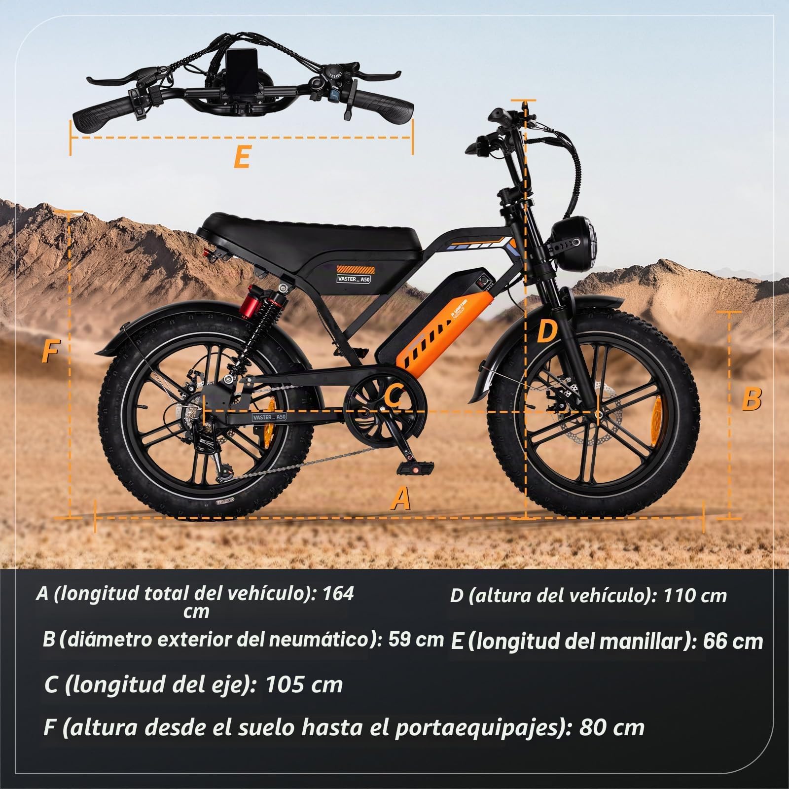 Bicicleta eléctrica para hombre, 20", batería extraíble, color negro y naranja