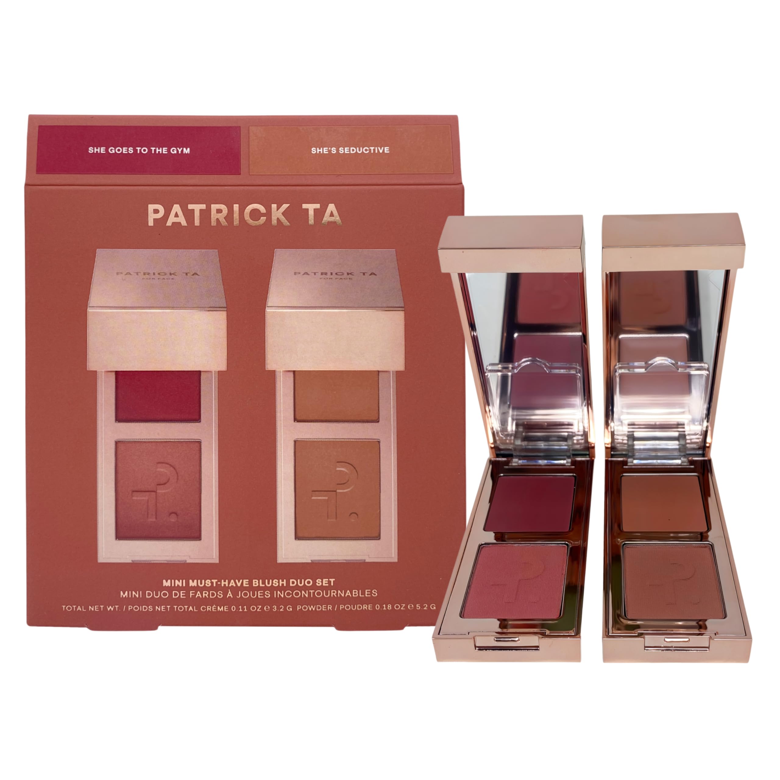Patrick Ta Mini Must-Have Blush Duo Set Edición Limitada | She Goes To The Gym & She’s Seductive | Rubor en Crema + Polvo | Acabado Luminoso | Larga Duración