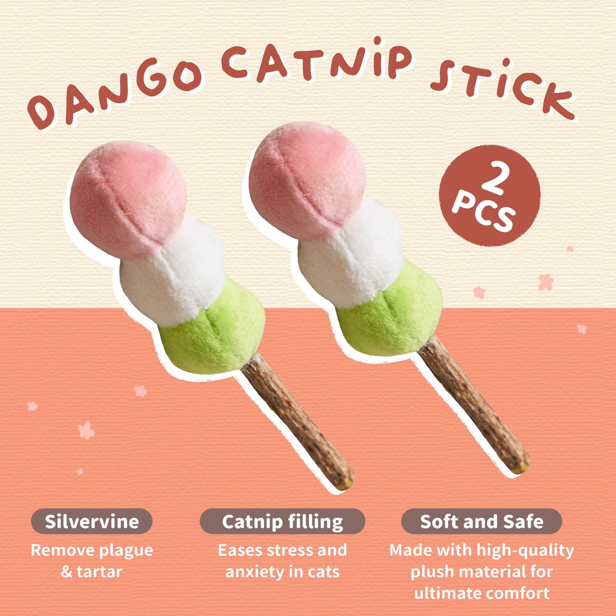 BLUE BAY Dango Silvervine Sticks for Cats, Set of 2, for Cats & Kittens, Calm Cat Anxiety and Stress, Cat Dental Toy