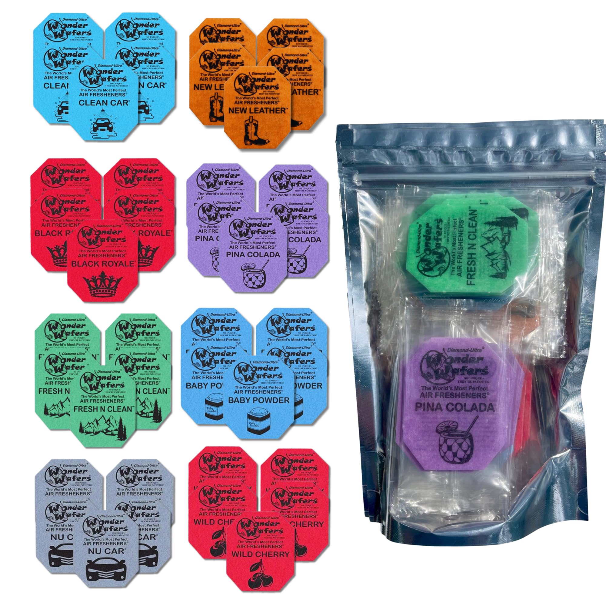 Wonder Wafers 40 Pack Car Air Fresheners- Scent Bundle Variety Pack: Nu  Car, Clean Car, New Leather, Wild Cherry, Black Royale, Pina Colada, Fresh 