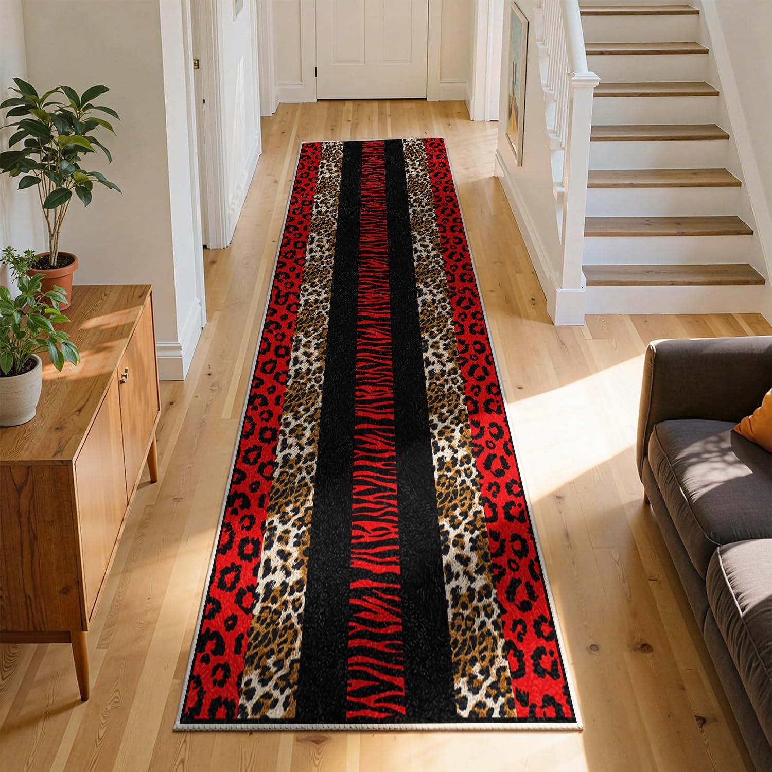 Animal Runner for Hallways, 120x300cm Abstract Leopard Zebra Print Fashionable Luxury Washable Rugs, Geometric Abstract Aesthetic Art Red and Black Thin Low-Pile Runner Carpet Laundry Bathroom
