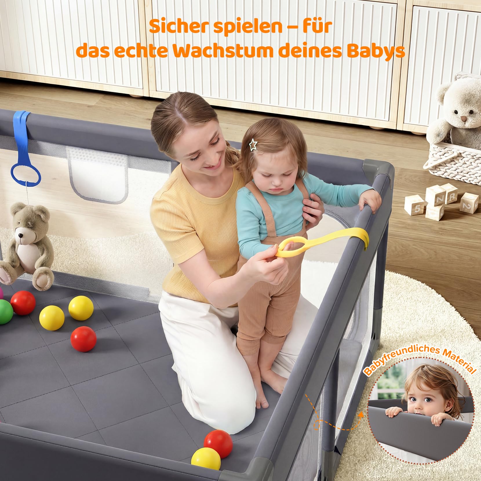 Dripex Laufstall Baby, Großes Laufgitter Baby faltbar für 2-3 Kinder, Indoor & Outdoor laufgitter & -Ställe mit atmungsaktivem Netz & 5 Pull-up Rings, 47x71", Hellgrau | All-in-One Design mit rundum gepolstertem Rahmen, integrierter Matte, 2 Greifringen u