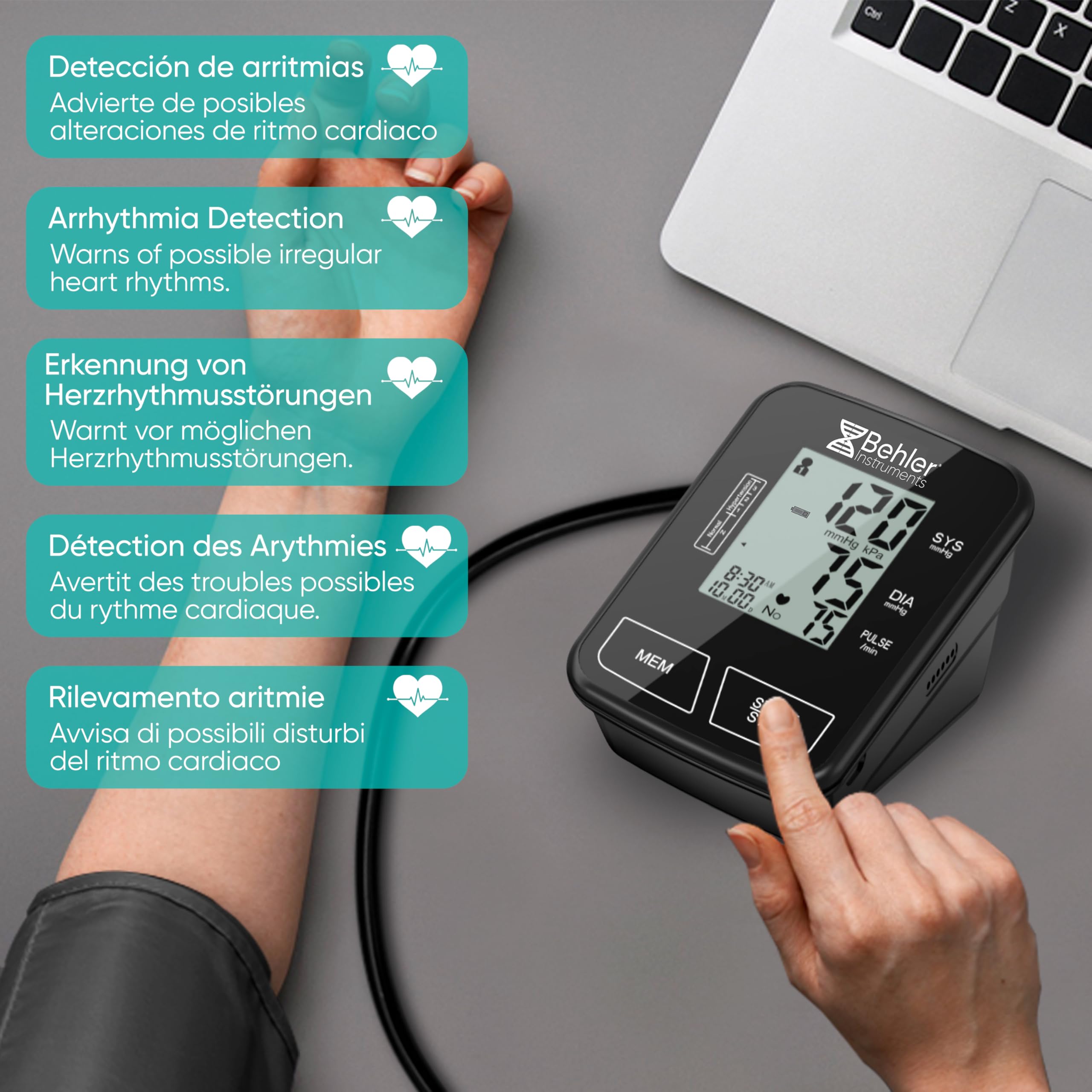 Tensiometro Brazo Digital Behler BDP-12C3 Automático – Medidor de Tensión Arterial con Voz (ES/FR/DE/EN) – Brazalete 22-42 cm – Detección de Arritmias y Promedio