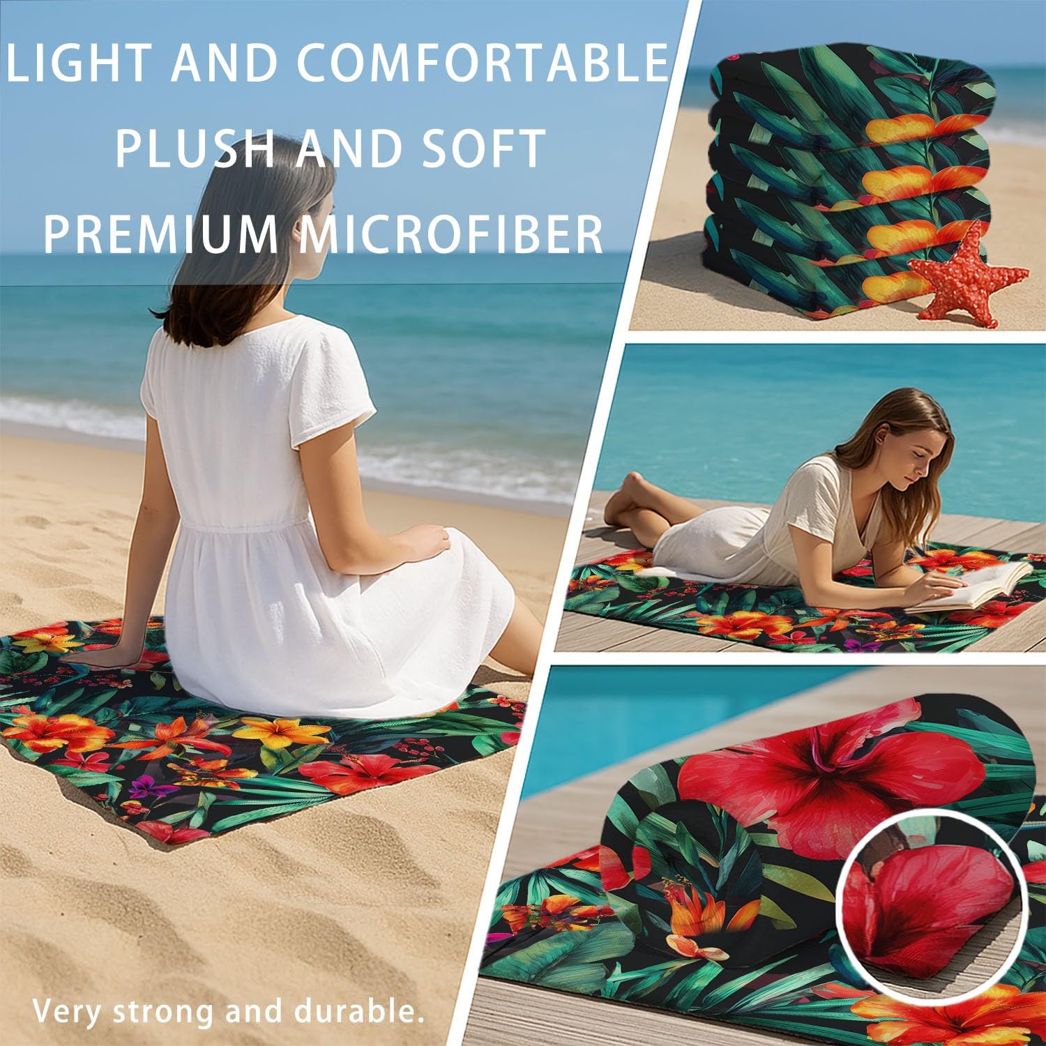 Tropische Dschungelblumen Retro Laub Strandtuch 230 x 210 cm – Saugfähiges Schnell trocknendes Strandtuch Regenwald Urlaub Reich Ornamental Botanisch für Campen, Picknick, Ausflüge