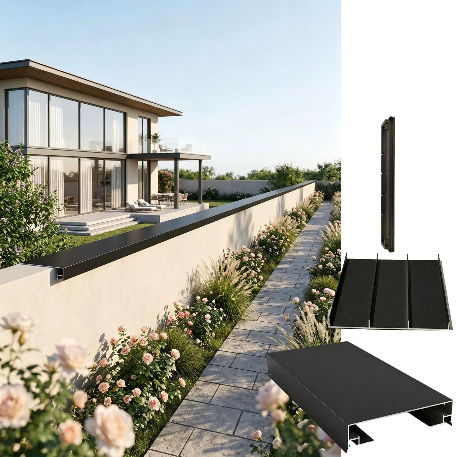 Parapet Wall Coping Cap for Brick/Masonry/Concrete Walls, Aluminum Alloy Fence Top Cover Panels with LED Light Strip Channels, End Caps, Base(Fit 130-216mm W,130cm/4.3ft L)