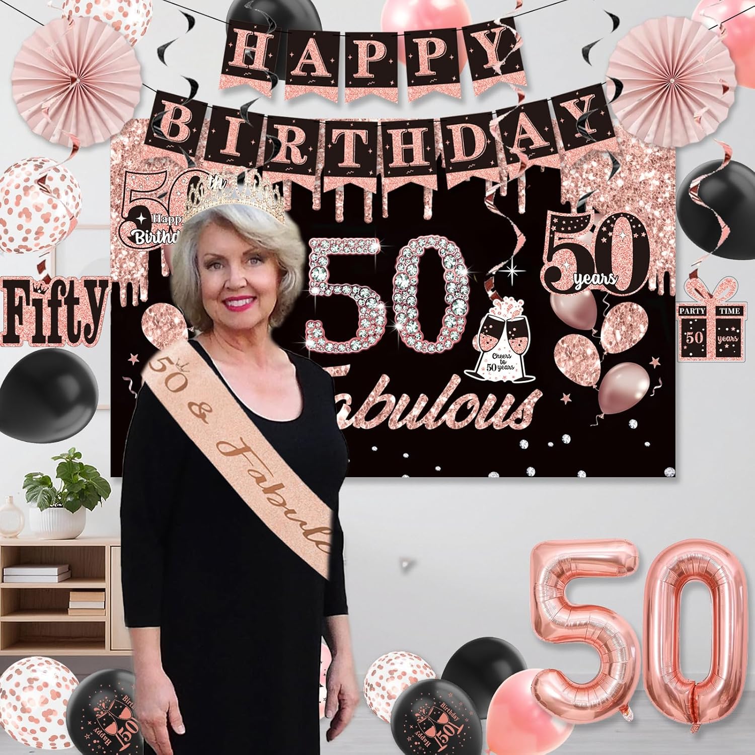50th Birthday Decorations, 43pcs 50th Birthday Decorations for Women, Black Rose Gold Party Supplies Set, 50 Years Old Crown and Sash,Backdrop, Balloon, Banner, Hanging Swirls, Paper Fans - Image 8