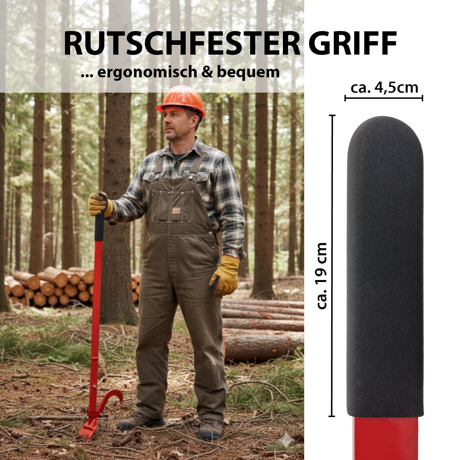 TRUTZHOLM Fällheber mit Wendehaken 115 cm lang Zahnplatte 10 cm breit rutschfester Griff Fällhilfe aus Stahl zum Fällen Anheben Drehen von Baumstämmen bis 540 mm geschmiedeter Stammwender in rot
