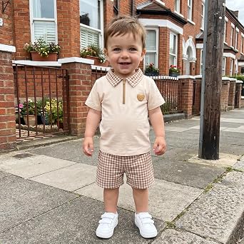Toddler Boy Summer Clothes Cartoon Plaid Lapel Bear Applique Embroidery Short Sleeve Zipper Shirt Top Elastic Shorts Set Baby Knit Outfit 2 Pcs