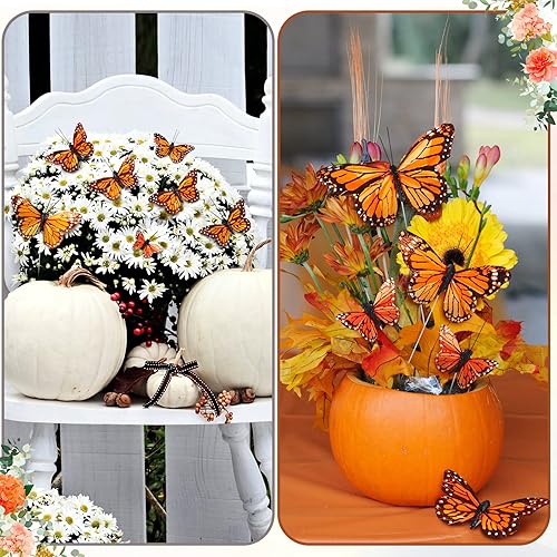 Miniatura 5 de Giegxin 24 piezas de decoraciones de mariposa monarca artificial de 4 tamaños de mariposa monarca, decoración de mariposa en púas, mariposas para