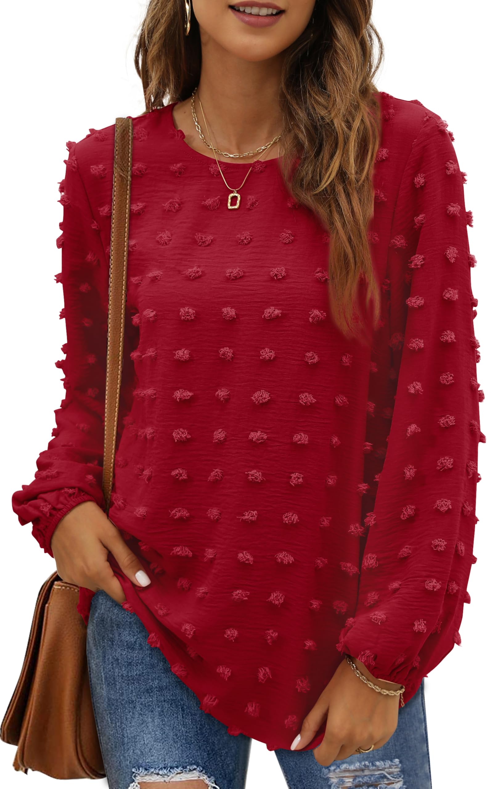 XIEERDUO Women's Chiffon Blouses Long Sleeve Crewneck Tops Dressy Casual Loose Pompom Shirts