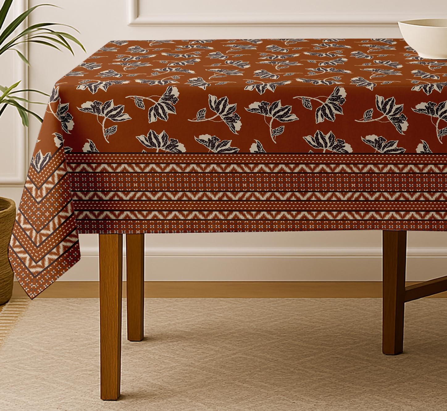 Floral Design Tablecloth- Brown 60x60 Inch Cotton Twill Dining Table Cover, Perfect for 4 Seater Tables, Durable, Protective & Washable, Ideal for Everyday Use, Festive Occasions & Gathering