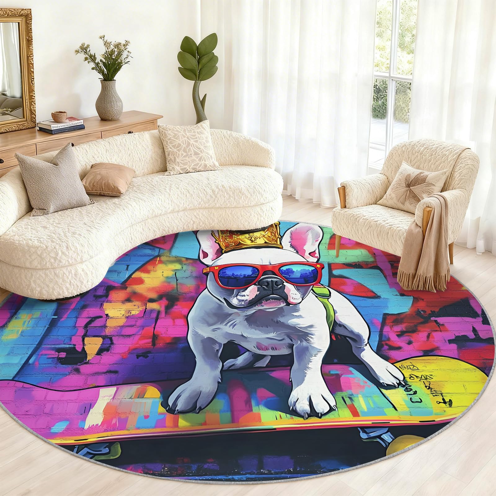 Tapis rond bouledogue français de 2m pour couloir et chaise