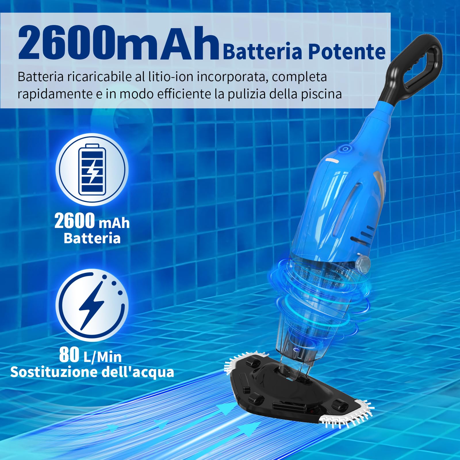 Aspirapolvere Piscina a Batteria, Aspiratore per Piscina | Aspirapiscina Senza Fili, Aspiratore a Mano per Piscina Fuori Terra, Spa, vasche Idromassaggio, Autonomia 60 Minuti, Blu