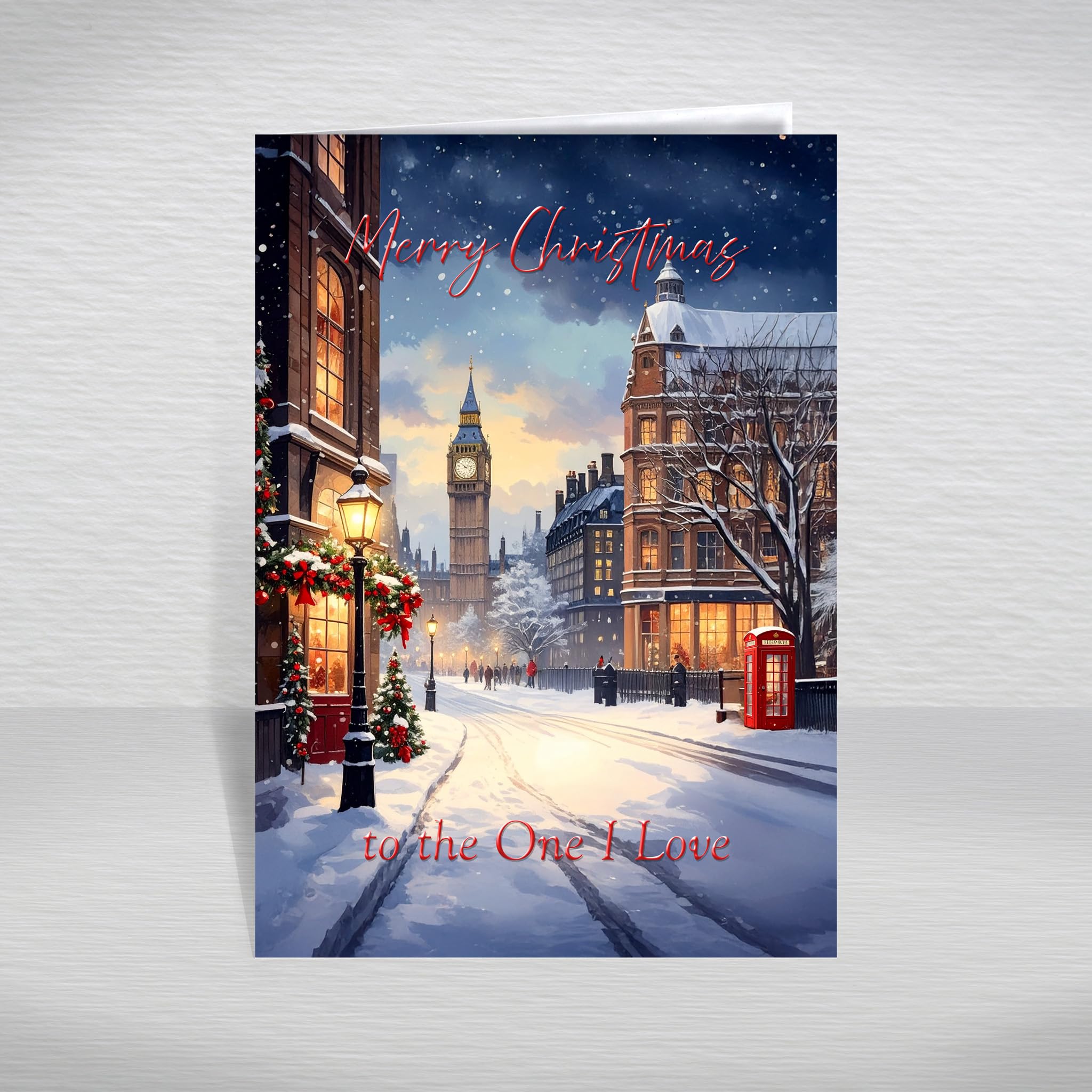 London Christmas Card for the One I Love, Partner – British London City Street Scene with UK Big Ben & Red Phone Box, A5 Deluxe Card with a Special Verse Inside: the One I Love Christmas Card