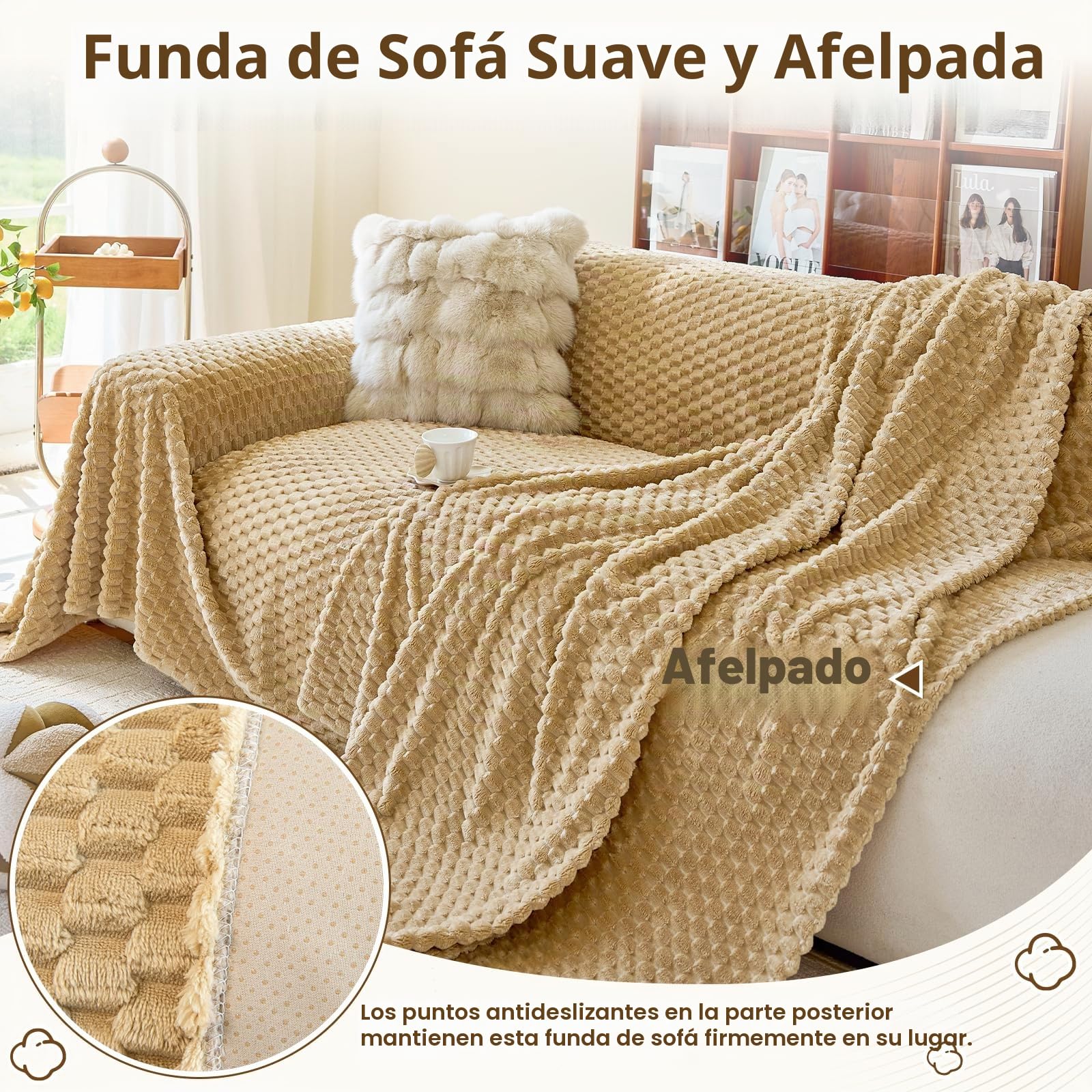 Royhom Manta Cubre Sofa Peluda, Funda Sofa 3 Plazas, Funda para Sofá Camel, Fundas Sofá con Base Antideslizante, Antiarrugas (Peluda Camel, 180x340 cm)