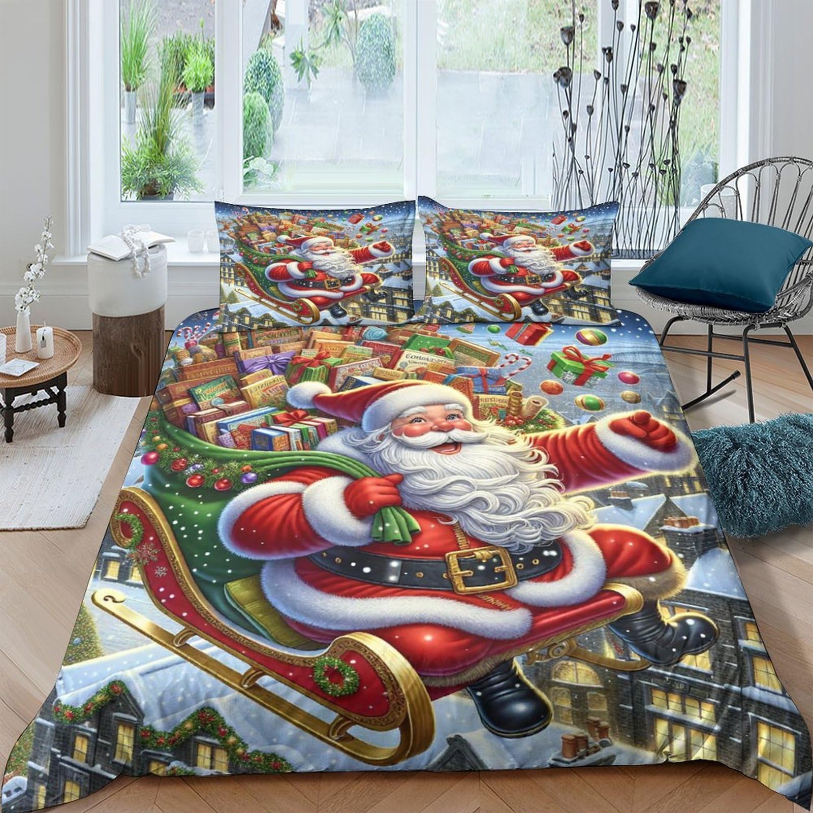 Housse de couette Père Noël 3D 220x240 cm avec taies d'oreiller pour lit King