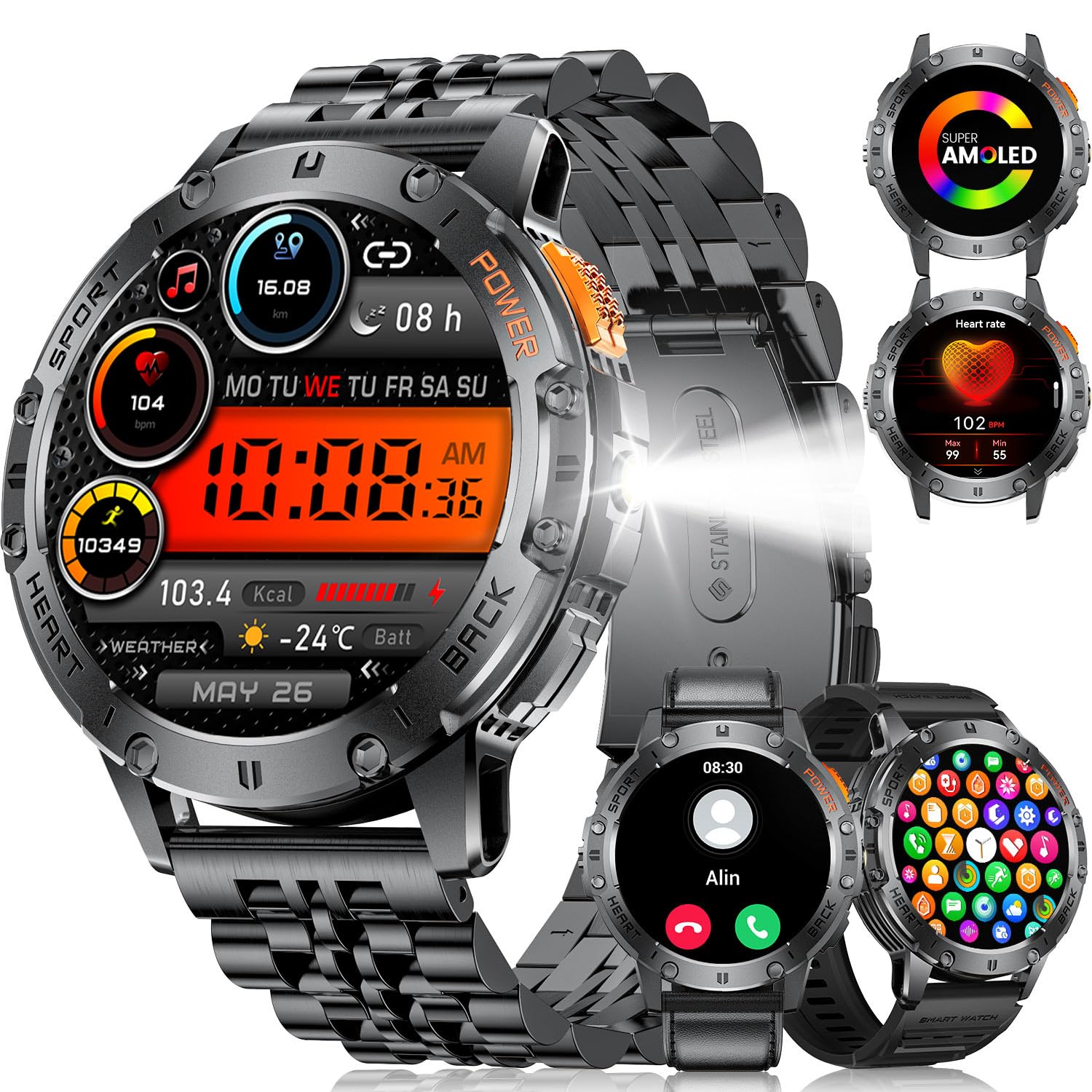 LIGE Military Smart Watch for Men with Flashlight,530mAH Outdoor Sport Fitness Tracker Watch,1.43" HD Smartwatch for Android iOS with Heart Rate Blood Pressure Monitor Irregular Straps