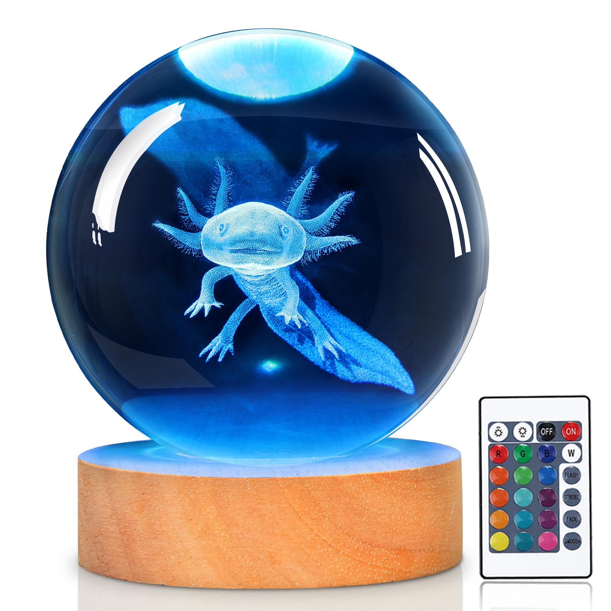 OkiyiD 3D Axolotl Kristallkugel Nachtlicht Mit Fernbedienung, Glaskugellampen für Freund Geburtstag Urlaub, Cool Spielzeug Deko Geschenke für Jungen Mädchen Kinder
