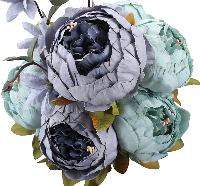 Ruiuzioong Vintage Artificial Peony Silk Flowers Bouquets Wedding Decoration Home Table Kitchen Office Garden Bridal Greenery Plants (Grey Blue)