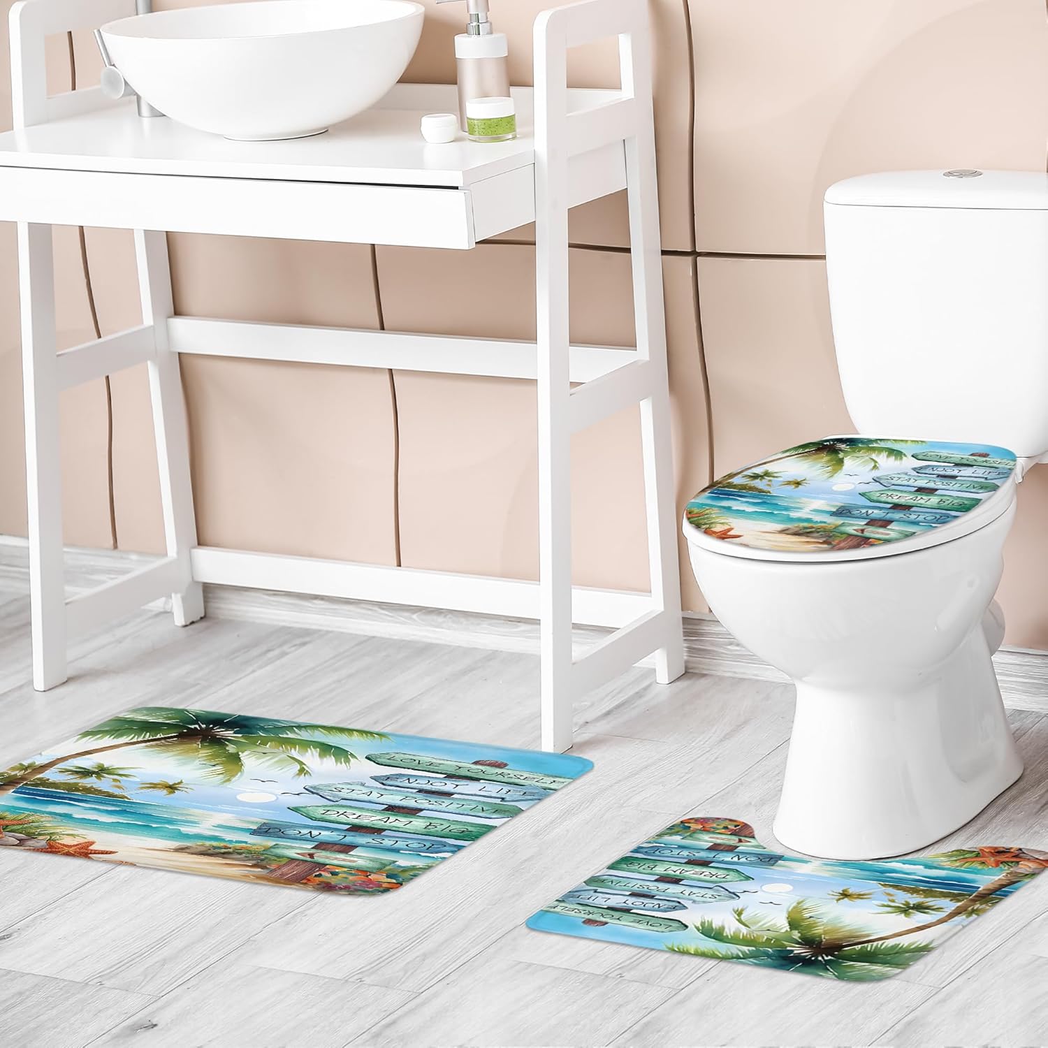 Riyidecor Beach Ocean 4Pcs Bathroom Shower Curtain Sets Teal Blue Nautical Positive Quotes Bathroom Decor Set with Rugs and Accessories Coastal Toilet Lid Rug, Contour and Bath Mat with 12 Hooks