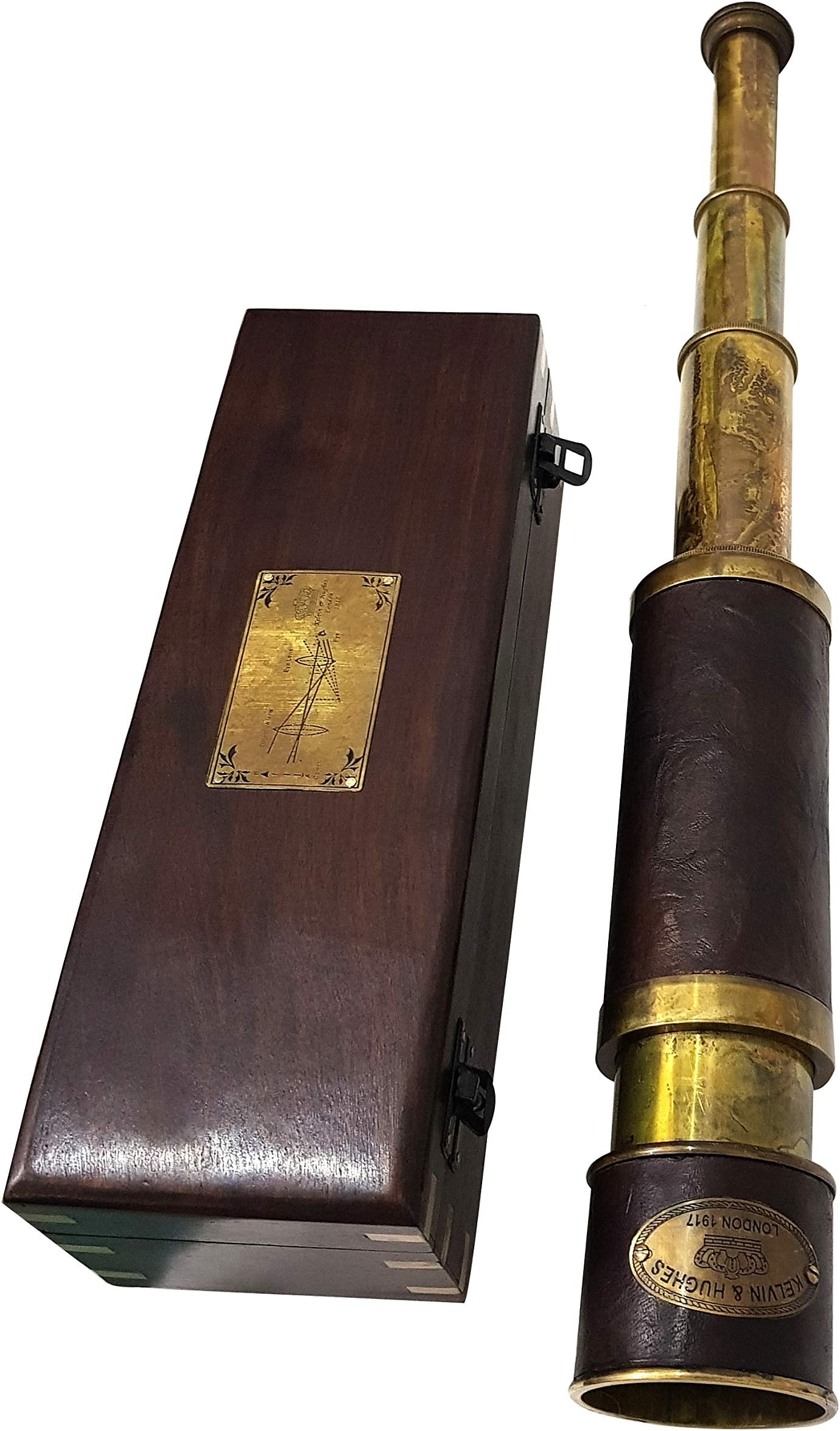 Antique Brass Leather Telescope Kelvin & Hughes London 1917 Spyglass Vintage Nautical Handheld Scope with Wooden Box Pirate Decor & Collectible Gift