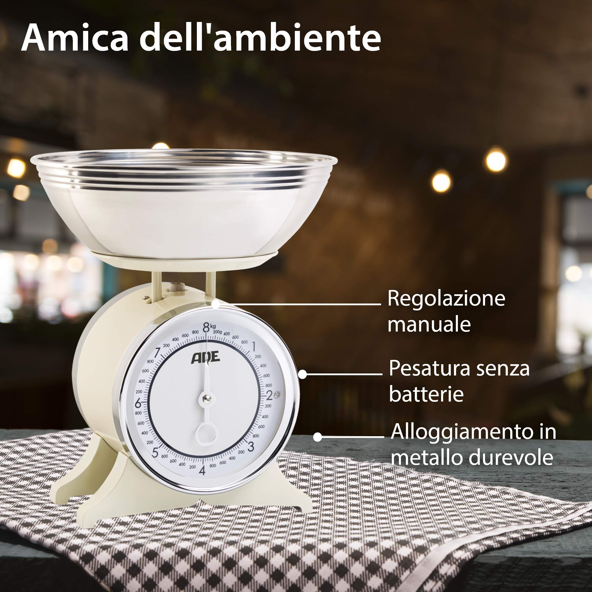 ADE Bilancia da cucina meccanica retrò 8 kg analogica con ciotola in acciaio inox bianco crema