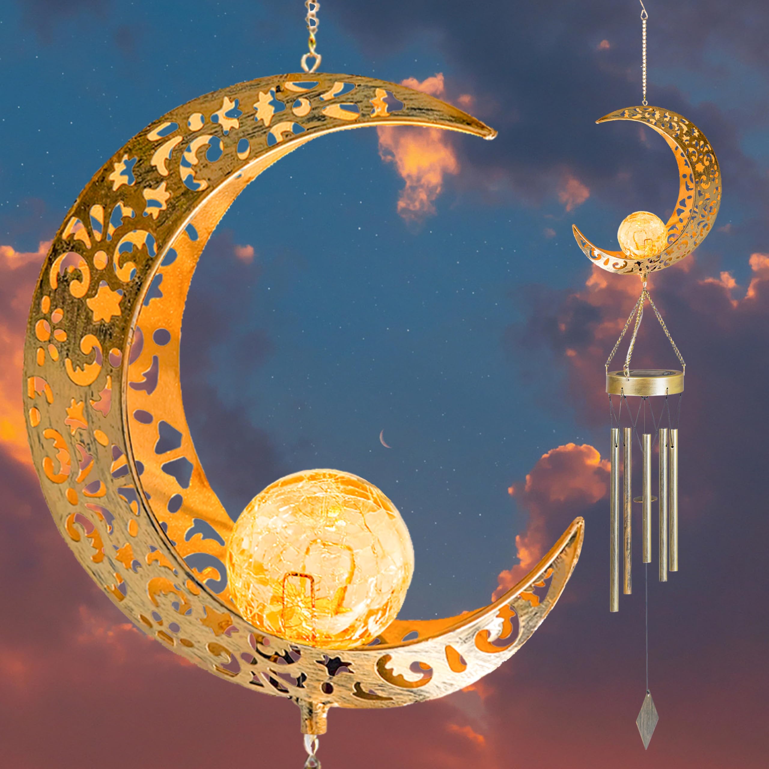 Yonxuleo Moon Solar Wind Chimes for Outside Lights Gifts for Mom Wife Unique Crackle Glass LED Warm Light Outdoor Hanging Decor Windchimes for Garden Yard Patio Christmas Birthday Mothers Day