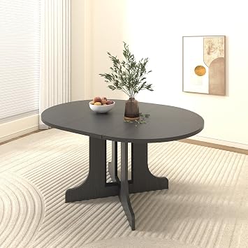 59.06" Dining Table for Farmhouse Kitchen Expandable Oval Table Top with Removable Leaf Trestle X Shaped Base,Black