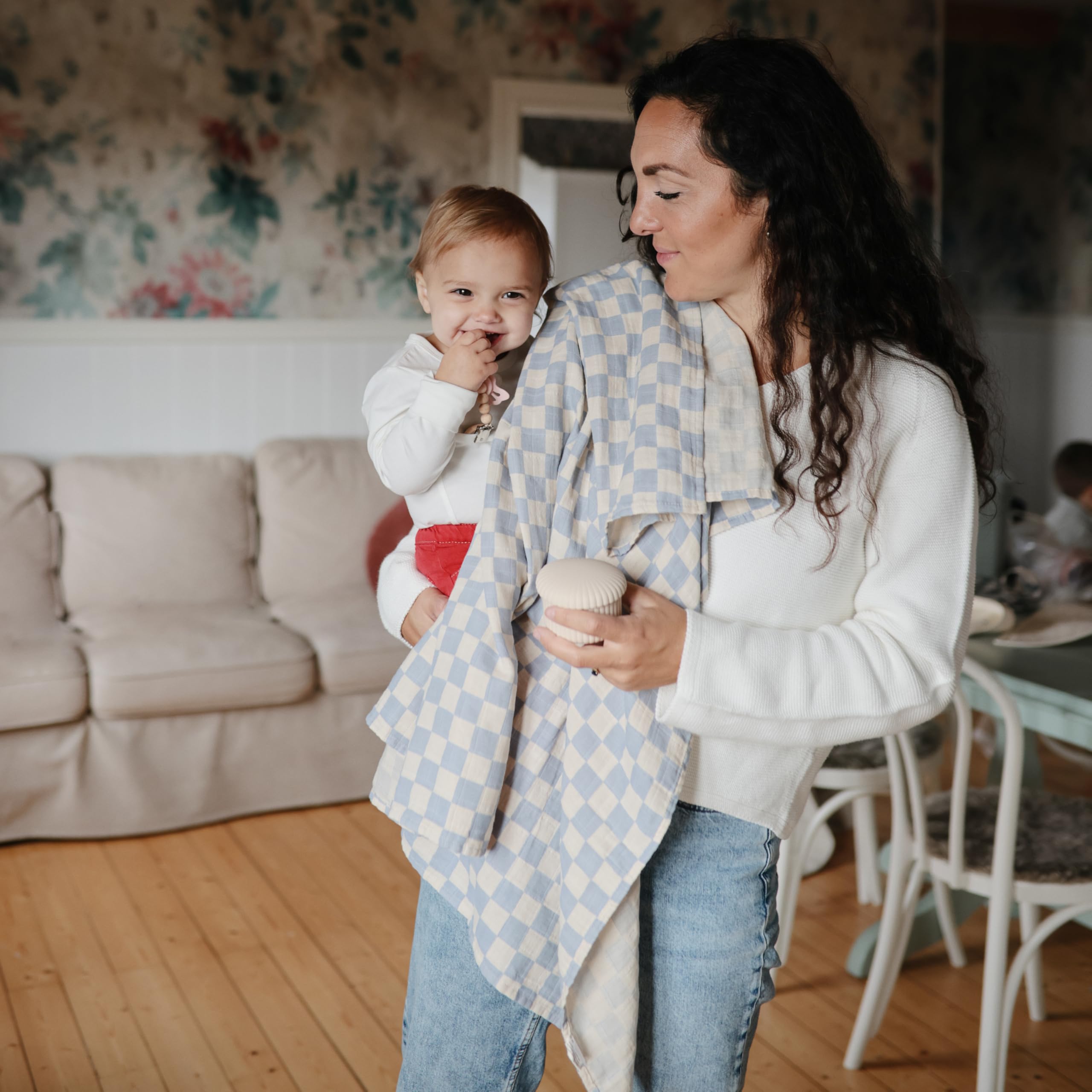 mushie Muslin Baby Swaddle Blanket 100% Organic Cotton (Blue Check)