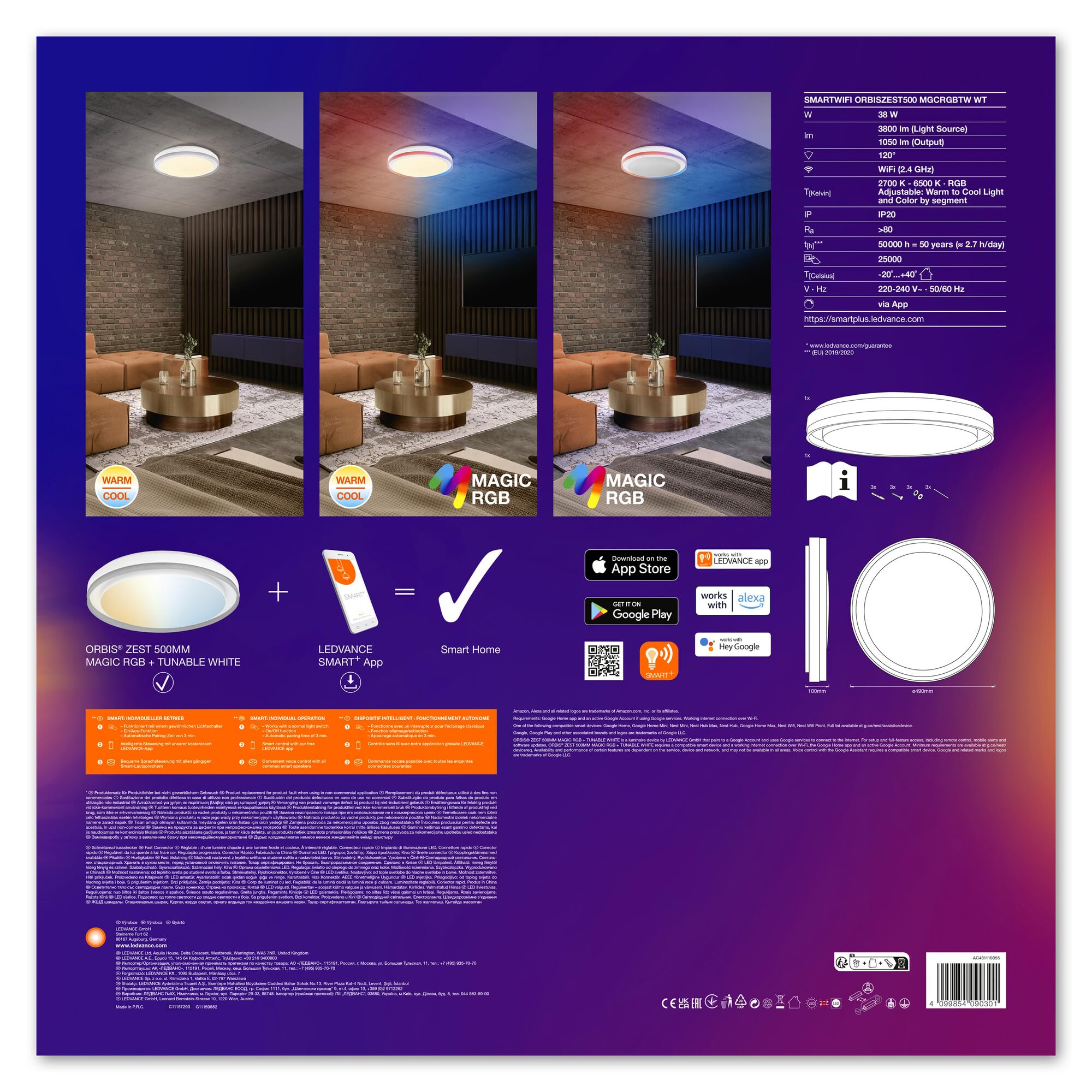 LEDVANCE Smart e Luce a soffitto a LED WiFi, bianco, 32W, 340LEDVANCE lm, funzionalità di luce bianca, dimmerabile, effetto di luce Magic-RGB dinamica, lunga durata, montaggio semplice, 2700-6500K