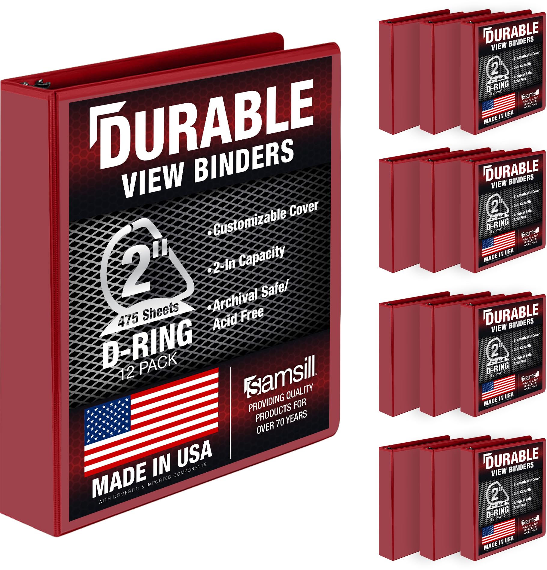 Samsill Durable 2 inch 3 Ring Binder, D Ring Binder, 100% Recycled Chipboard, Red, 12 Pack