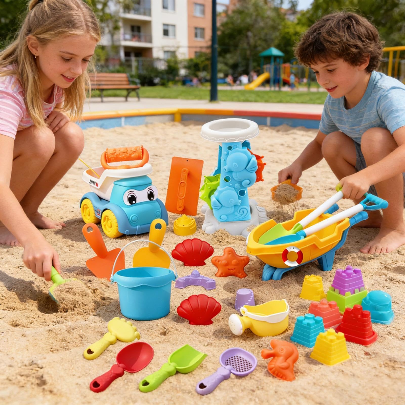 Juguetes de Playa para Niños 30 Piezas, Set de Arenas Completo con Rueda Hidráulica, Camión Volquete, Cubo, Moldes de Castillo y Pala, Juego de Arenero Exterior, Regalo Ideal Verano para Niños y Niñas