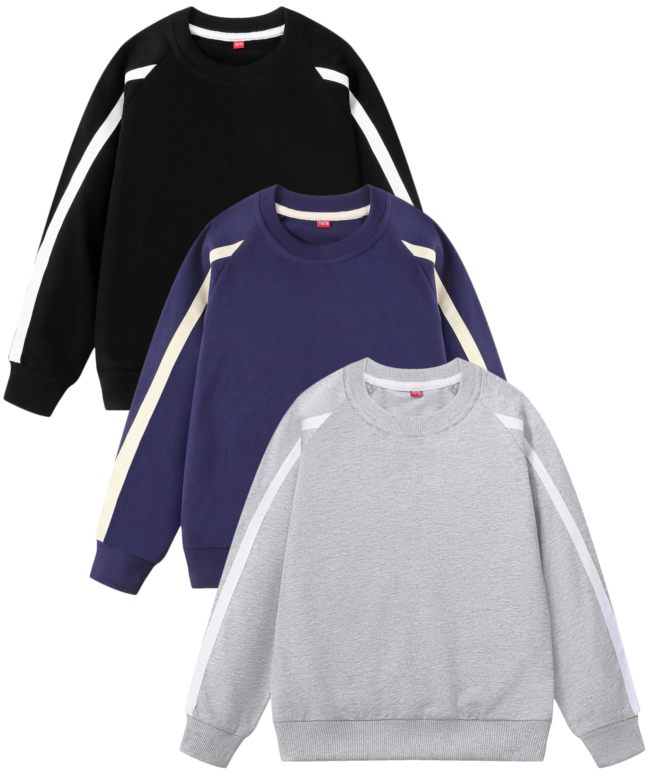 GFQLONG 3 Pack Toddler Boy Girl Cotton Crewneck Sweatshirt Kids Lightweight Long Sleeves with Stripe Fall Fashion Tops