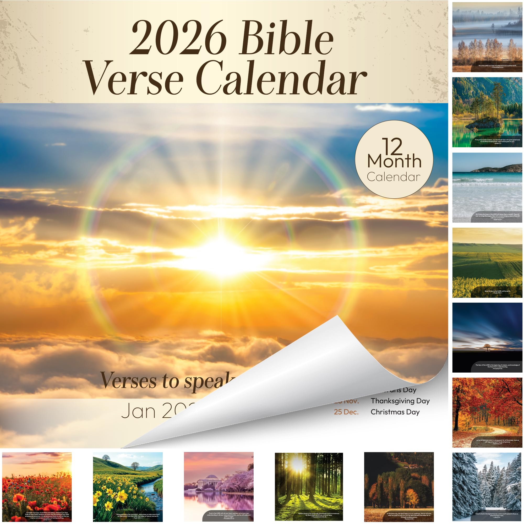 Kalendarz ścienny 2026, chrześcijański, kalendarz wersetów biblijnych 2026, 12 miesięcznych prezentów religijnych z Pisma Świętego dla mężczyzn, kobiet, cytaty biblijne NIV, prezent katolicki, wiara