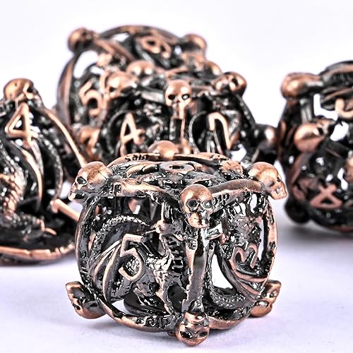 DND - Juego de dados de metal, UBEUCK 7 piezas de dados de metal DND para cajas de juegos de mesa de Calabozos y Dragones (dados de cobre rojo