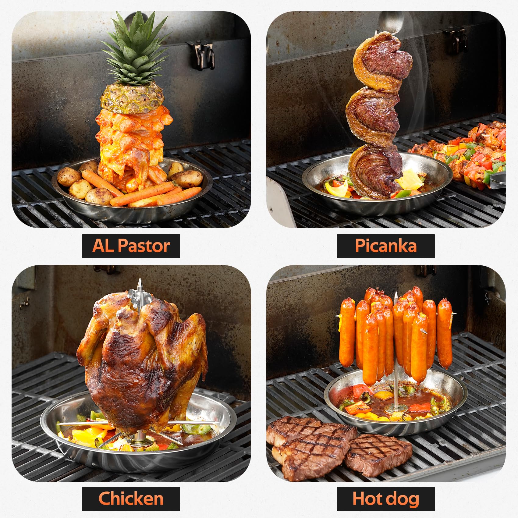 Onlyfire Spiedino Verticale Multifunzione per Barbecue, Spiedo per Carne in Acciaio Inossidabile con Forchette Rimovibili per Pollo e 2 Diverse Misure di Spiedi per Shawarma, Pollo Intero, Pesce